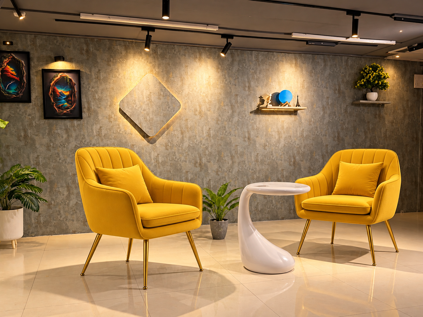 Mustard lounge chairs in a modern studio