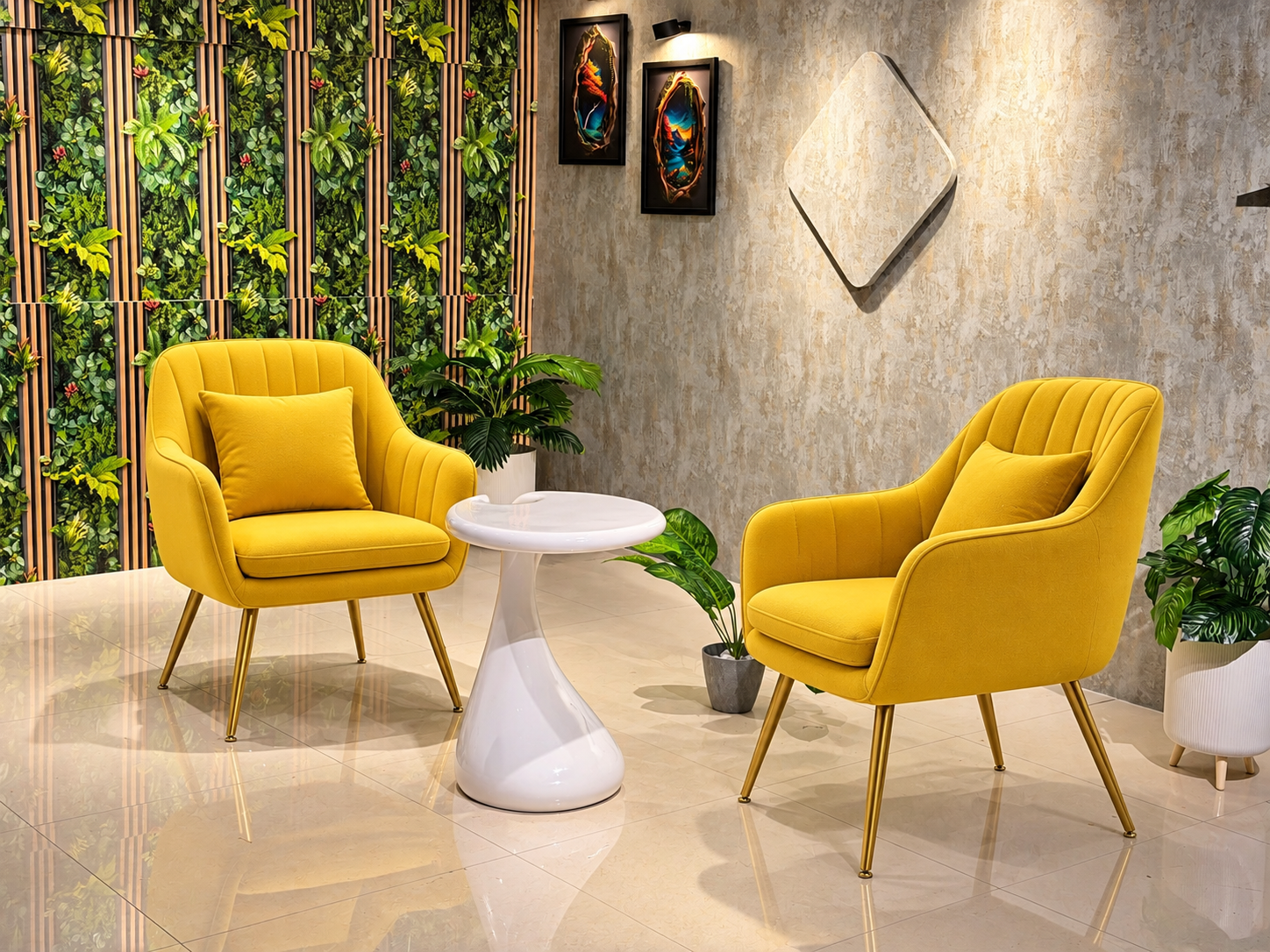 Mustard lounge chairs and sculptural table